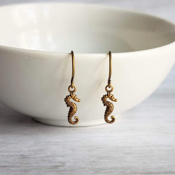 Tiny Seahorse Earrings, sea creature earring, mini seahorse earring, little bronze seahorse earring, beach earring, seahorse dangles, small - Constant Baubling