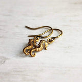 Tiny Seahorse Earrings, sea creature earring, mini seahorse earring, little bronze seahorse earring, beach earring, seahorse dangles, small - Constant Baubling