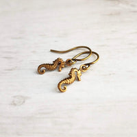 Tiny Seahorse Earrings, sea creature earring, mini seahorse earring, little bronze seahorse earring, beach earring, seahorse dangles, small - Constant Baubling
