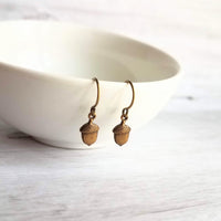 Little Acorn Earrings, small acorns, oxidized brass acorn, bronze acorns, autumn earrings, fall accessory, tiny acorn earring, petite dangle - Constant Baubling