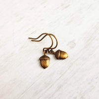Little Acorn Earrings, small acorns, oxidized brass acorn, bronze acorns, autumn earrings, fall accessory, tiny acorn earring, petite dangle - Constant Baubling