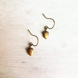 Little Acorn Earrings, small acorns, oxidized brass acorn, bronze acorns, autumn earrings, fall accessory, tiny acorn earring, petite dangle - Constant Baubling