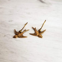Little Bird Earrings - small brass birds, bronze bird earring, rustic birdies, birds flying together apart, couples gift, bird dangle charm - Constant Baubling