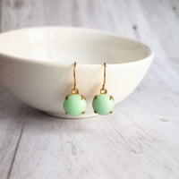 Green Mint & Gold Earrings - raw brass setting with small vintage round pale smooth glass - upgrade hooks to 14K SOLID gold or fill - Constant Baubling