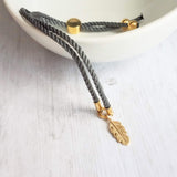 Gold Feather Bracelet, grey cord bracelet, gray gold bracelet, thin bracelet, stacking bracelet, twisted bracelet, minimalist, simple charm - Constant Baubling