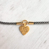 Rope Bracelet, matte gold heart charm, grey twisted cord, thin string, gold medallion, adjustable gray cord silky stacking layering bracelet - Constant Baubling