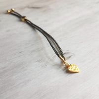 Rope Bracelet, matte gold heart charm, grey twisted cord, thin string, gold medallion, adjustable gray cord silky stacking layering bracelet - Constant Baubling