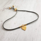 Rope Bracelet, matte gold heart charm, grey twisted cord, thin string, gold medallion, adjustable gray cord silky stacking layering bracelet - Constant Baubling