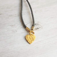 Rope Bracelet, matte gold heart charm, grey twisted cord, thin string, gold medallion, adjustable gray cord silky stacking layering bracelet - Constant Baubling