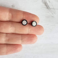 Black Stud Earrings - colorful opal white faux druzy stone - round rough jagged rock - hypoallergenic stainless surgical steel post drusy - Constant Baubling