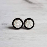 Black Stud Earrings - colorful opal white faux druzy stone - round rough jagged rock - hypoallergenic stainless surgical steel post drusy - Constant Baubling