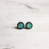 Black Stud Earrings - blue green teal faux druzy stone - simple round rough jagged rock - hypoallergenic stainless surgical steel post drusy - Constant Baubling