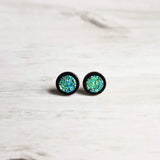 Black Stud Earrings - blue green teal faux druzy stone - simple round rough jagged rock - hypoallergenic stainless surgical steel post drusy - Constant Baubling