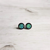 Black Stud Earrings - blue green teal faux druzy stone - simple round rough jagged rock - hypoallergenic stainless surgical steel post drusy - Constant Baubling
