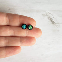 Black Stud Earrings - blue green teal faux druzy stone - simple round rough jagged rock - hypoallergenic stainless surgical steel post drusy - Constant Baubling