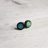 Black Stud Earrings - blue green teal faux druzy stone - simple round rough jagged rock - hypoallergenic stainless surgical steel post drusy - Constant Baubling