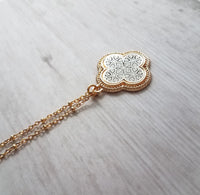 Gold Silver Clover Necklace, filigree necklace, clover pendant, medallion pendant, medallion necklace, lacy pendant, gold clover necklace - Constant Baubling