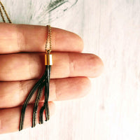 Tassel Necklace, black gold tassel pendant, herringbone chain tassel, chain fringe necklace, chain tassel necklace small black gold necklace - Constant Baubling