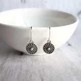 Tiny Silver Medallion Earrings, small round dangle earring, antique silver earring, silver tribal earring, .925 sterling silver hook option - Constant Baubling