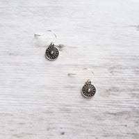 Tiny Silver Medallion Earrings, small round dangle earring, antique silver earring, silver tribal earring, .925 sterling silver hook option - Constant Baubling