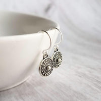 Tiny Silver Medallion Earrings, small round dangle earring, antique silver earring, silver tribal earring, .925 sterling silver hook option - Constant Baubling