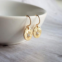 Gold Oval Dangle Earrings, CZ earring, North Star earring, cubic zirconia earring, small gold earring, petite gold earring, oval earrings - Constant Baubling