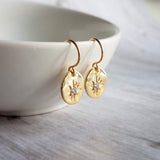 Gold Oval Dangle Earrings, CZ earring, North Star earring, cubic zirconia earring, small gold earring, petite gold earring, oval earrings - Constant Baubling