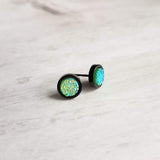 Black Stud Earrings - peridot green/aqua blue faux druzy stone - rough bumpy rock - hypoallergenic stainless surgical steel post drusy - Constant Baubling