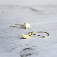 Moon Star Earrings, small gold earring, crescent moon, celestial earring, night sky earring, make a wish, gold moon earring, shooting star - Constant Baubling