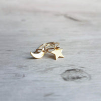 Moon Star Earrings, small gold earring, crescent moon, celestial earring, night sky earring, make a wish, gold moon earring, shooting star - Constant Baubling