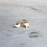 Moon Star Earrings, small gold earring, crescent moon, celestial earring, night sky earring, make a wish, gold moon earring, shooting star - Constant Baubling
