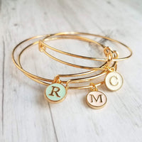 Gold Bangle - ONE adjustable stacking charm bracelet - simple round enamel letter initial in mint pink white - minimalist trendy slide loop - Constant Baubling
