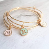 Gold Bangle - ONE adjustable stacking charm bracelet - simple round enamel letter initial in mint pink white - minimalist trendy slide loop - Constant Baubling