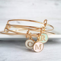 Gold Bangle - ONE adjustable stacking charm bracelet - simple round enamel letter initial in mint pink white - minimalist trendy slide loop - Constant Baubling