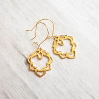 Lotus Earrings - gold ornate flower outline charms dangle on simple latching kidney ear hook - goddess rebirth triumph purity symbolic gift - Constant Baubling