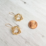 Lotus Earrings - gold ornate flower outline charms dangle on simple latching kidney ear hook - goddess rebirth triumph purity symbolic gift - Constant Baubling