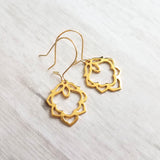 Lotus Earrings - gold ornate flower outline charms dangle on simple latching kidney ear hook - goddess rebirth triumph purity symbolic gift - Constant Baubling