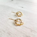 Lotus Earrings - gold ornate flower outline charms dangle on simple latching kidney ear hook - goddess rebirth triumph purity symbolic gift - Constant Baubling