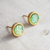 Gold Stainless Steel Stud Earrings, peridot green studs, peridot earrings, pale green studs, rough stone earring, light green earring, druzy - Constant Baubling