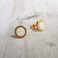 Gold Opal Stud Earrings - colorful faux opal druzy stone - round rough jagged rock - hypoallergenic stainless surgical steel post drusy - Constant Baubling
