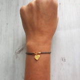 Rope Bracelet, matte gold heart charm, grey twisted cord, thin string, gold medallion, adjustable gray cord silky stacking layering bracelet - Constant Baubling