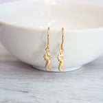 Gold Seahorse Earrings, tiny seahorse earring, sea horse dangle, little brass earring small seahorse, dainty earring, 14K SOLID gold upgrade - Constant Baubling