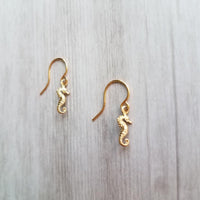 Gold Seahorse Earrings, tiny seahorse earring, sea horse dangle, little brass earring small seahorse, dainty earring, 14K SOLID gold upgrade - Constant Baubling