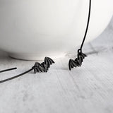 Black Bat Earrings, tiny bat earring, bat dangle, little flying bats, long matte black hook, 2 inch earring, Halloween jewelry, trick treat - Constant Baubling