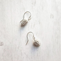 Silver Pine Cone Earrings - small matte silver plated mini pinecone charms on tiny silver plated hooks - minimalist and simple - Constant Baubling