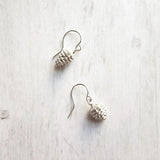 Silver Pine Cone Earrings - small matte silver plated mini pinecone charms on tiny silver plated hooks - minimalist and simple - Constant Baubling