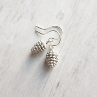 Silver Pine Cone Earrings - small matte silver plated mini pinecone charms on tiny silver plated hooks - minimalist and simple - Constant Baubling