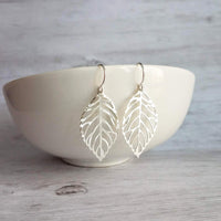 Silver Leaf Earrings - thin wispy modern outline filigree leaves - delicate cut out design - 14K SOLID GOLD or filled hook upgrade - Constant Baubling