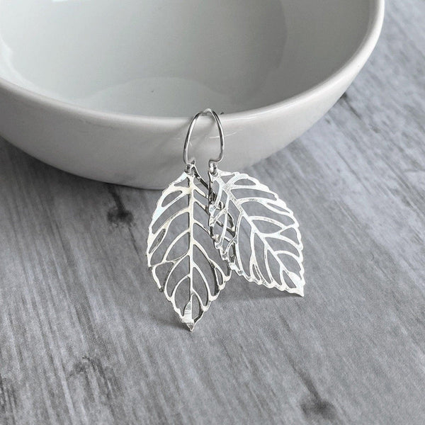 Silver Leaf Earrings - thin wispy modern outline filigree leaves - delicate cut out design - 14K SOLID GOLD or filled hook upgrade - Constant Baubling