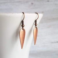 Copper Point Earrings - elongated narrow upside down tear drop w/ oxidized antiqued rustic finish - domed inverted spear shape - Constant Baubling